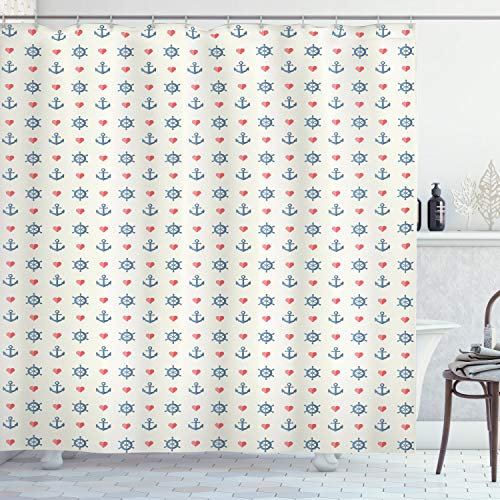 ABAKUHAUS Anker Duschvorhang, Maritime Muster-Kunst, Stoffliches Gewebe Badezimmerdekorationsset mit Haken, 175 x 180 cm, Weiß Blau Rot