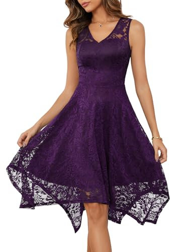 Meetjen Women's Sleeveless V-Neck Lace Cocktail Prom Dresses Summer Bridesmaid High Low Short Formal Dress Grape M