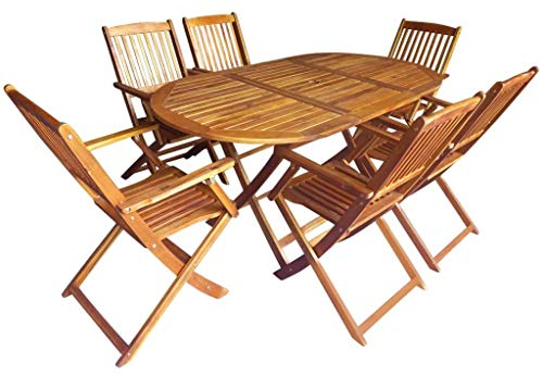 Tidyard 7-TLG. Garten-Essgruppe Set | Klappbar Holz Sitzgruppe Gartengarnitur | 1 Klapptisch und 6 Klappstühle Essgruppen | Terrassenm?bel Gartenm?bel aus Massives Akazienholz