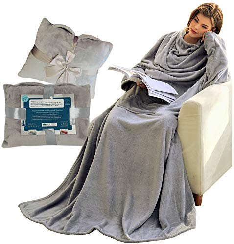 Lucadeau Kuscheldecke mit Ärmeln, Geschenk für Frauen zu Weihnachten, Geburtstagsgeschenk für Mama, Decke zum Anziehen 150x200cm (Hellgrau)