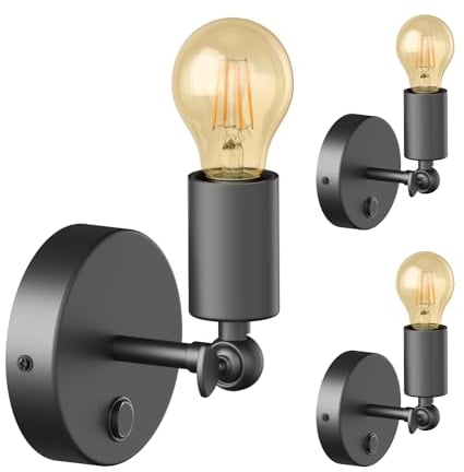 ledscom.de 3 Stück Vintage E27 Wand-Leuchte FETRO mit Schalter, schwarz, schwenkbar, inkl. E27 Lampe Vintage gold (extra-warmweiß, 471lm)