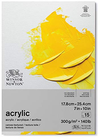Winsor & Newton 6534001 Acrylpapier im Block - 15 Blatt mit Leinwandstruktur 17,8 x 25,4cm, 300g/m², Säurefrei, ohne optische Aufheller, Alterungsbeständig für Acrylfarbe und Medien