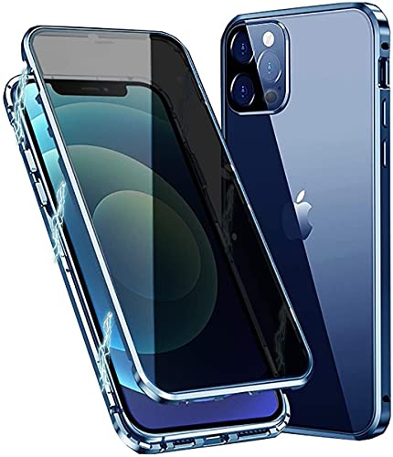Anti-Peep Magnetic Adsorption Case for iPhone 12 / iPhone 12 Pro - Metal Bumper Privacy Case with Tempered Glass Screen Protection - Flip Privacy Cover, Blue