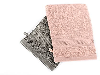 Komfortec 2er Waschlappen Set, 2X Waschhandschuhe, 100% Weiche Baumwolle, Frottee, Schnelltrocknend, 16x21 cm, Anthrazit Grau/Blütenrosa