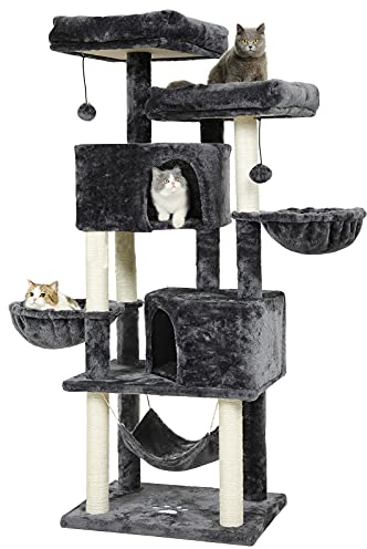 MSmask Kratzbaum groß 153 cm hoch, Katzenbaum für Gross Katzen mit 2 großer Plattform, groß Höhlen, Sisal-Stämme, Natur Sisal Katzenkratzbaum, Stabiler Kratzbaum, Dunkelgrau