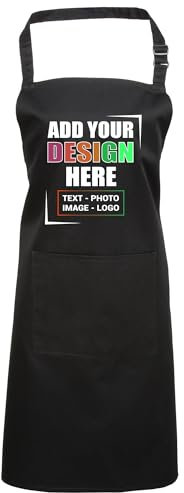 Personalised Aprons – Add Any Text, Image, or Logo – Ideal for Cooking in Kitchen, BBQs, and Art – Available for Men and Women in Multiple Colors with Large Pocket – Durable Polyester (Black)