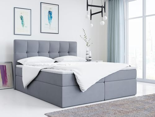 MKS MEBLE Boxspringbett 140x200 mit Bettkasten, Bett mit Multipocket - Matratze H3 Topper, Polsterbett 140x200 mit Bettkasten Kopfteil, Boxspringbett mit Matratze H3, RICO - Grau Velvet