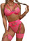 Aranmei Femme Ensemble de Lingerie Sexy 4 Pièces avec Porte-Jarretelles et Porte-Jarretelles en Maille Soutien-Gorge et Culotte Taille Haute en Dentelle, Rose, S