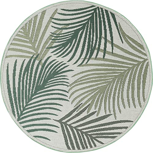 the carpet Machka - robuster Outdoor Teppich, modernes Design, Wetterfest & UV-beständig, für Balkon, Terrasse und Wintergarten, auch für Küche oder Esszimmer geeignet, Palme, 160 cm Rund