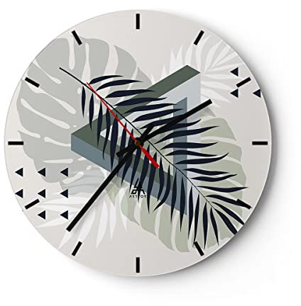 Modern Wanduhr Monstera Palme Grafik 30x30cm Rund Klein Wand Uhr Glas Analog Zimmeruhren Küche Büro Wohnzimmer Glasuhr Wall Clock Dekoration Design Wanddekoration Küchenuhr C3AR30x30-4519