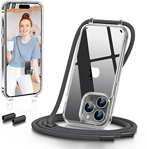 GOODVISH Handykette Kompatibel mit iPhone 14 Pro Max 6,7 Zoll, Necklace Hülle mit Band Handyhülle für zum Umhängen, Transparent Case mit Schnur, Kameraschutz und Bildschirmschutz, Grau