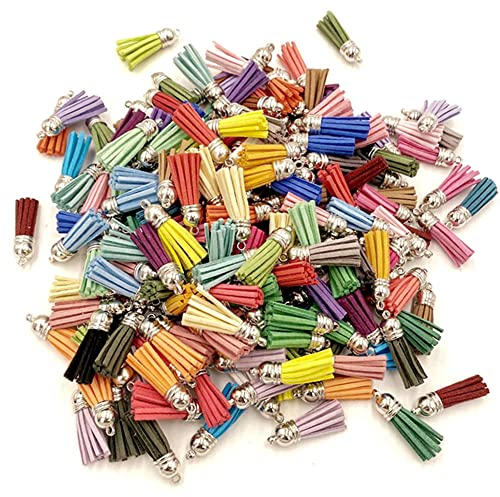 Dtoterul Schlüsselanhänger Quaste 100 Stück Mini Quasten Quasten Kunstleder Quaste Schlüsselanhänger Quasten mit Silberkappe Leder für Handwerk DIY Lieferungen, Multicolor