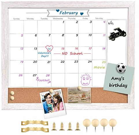 TORASO Whiteboard-Kalender und Korktafel, kleine Kombination, trocken abwischbar, Whiteboard und Pinnwand, 33 x 43,2 cm, weißer Holzrahmen, Kalender/Kork-Kombi-Tafel (ZHYL-WH-3343)