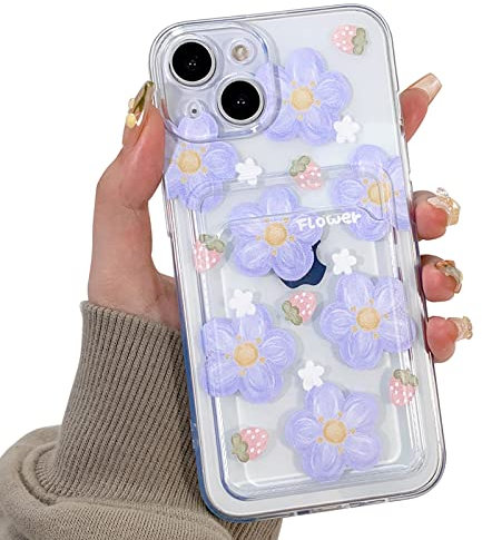 NITITOP Compatible for iPhone 13 Case Clear with Card Holder, Cute Flower Phone Cover for Women Girl, Protective Soft TPU Shock-absorbing Wallet Case for iPhone 13-Strawberry