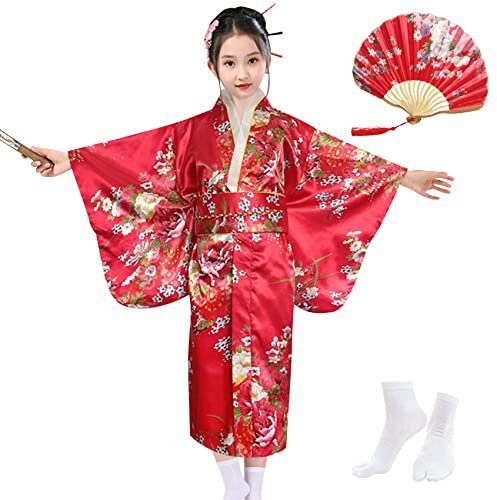 KRUIHAN Kimono pour Filles,Yukata Kimono Robe Japonaise,Robe de Chambre en Satin pour Enfants,Costumes de Cosplay,Robes de Fête pour Filles,avec Éventail Pliant et Chaussettes Tabi,Style B,Rouge,140
