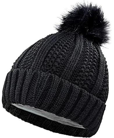 AUSUAYA Frauen Beanies Hut mit Pom, Warm Satin gefüttert gestrickt Ski Cuff Cap mit Kunstpelz Pompom für Winter P-P-H-1 (Schwarz)