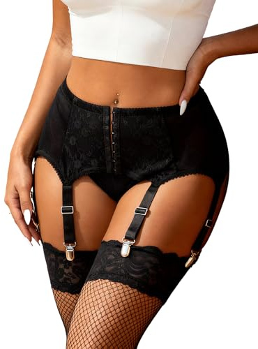 comeondear Women Lace Suspender Belt Mesh Garter Plus Size Lingerie Set with 6 Adjustable Wide Straps Stable Clip UK 8 22
