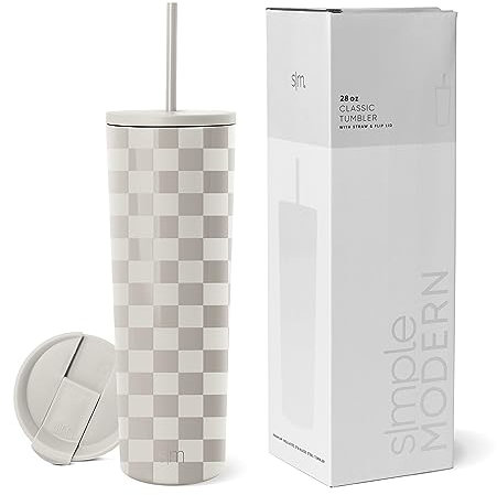 Simple Modern Mug Isotherme avec Paille et Couvercle | Gourde avec Paille Adulte, Bouteille d'Eau Réutilisable en Acier Inoxydable | Cadeaux pour Femmes et Hommes | Classic | 830ml | Checkmate
