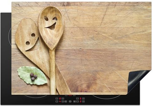 KitchenYeah© Herdabdeckplatte Einteilig Küche Herdabdeckung Induktionsfeld Ceranfeld Herdabdeckplatten Vinyl Matte Aufrollbar Holz - Löffel - Braun - Smiley - 76x51 cm