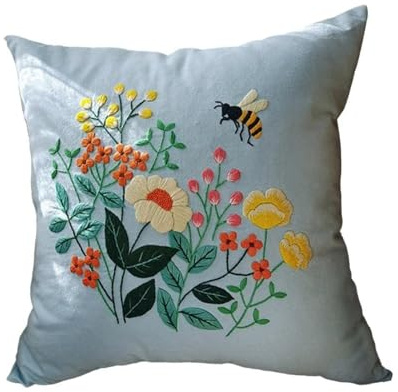 Easnea DIY Embroidery Pillow Covers Kit Pillow Case Kit Home Decoration Cushion Cover with Flower Pattern Embroidery Pillowcase Kit Decorative Pillow Cover (Bee and Flower)
