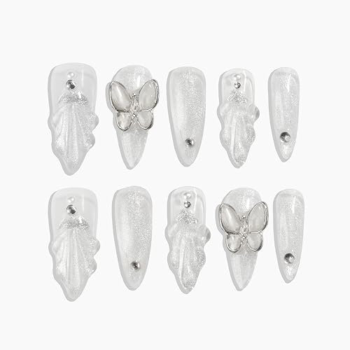 Sun&Beam Nails Handmade Press-on Medium Long Amlond White Silver Mermaid Rhinestone Butterfly Design False Nail Tips 10 Pcs (#020 XS)