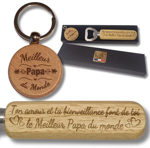 Décapsuleur bois personnalisé Meilleur Papa du Monde | Coffret Cadeau Homme Original pour dire Je T’aime à votre Père | Ustensile de Cuisine personnalisé pour la Fête des Pères, Anniversaire, Noël
