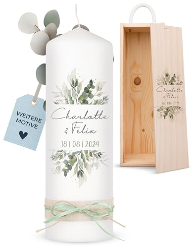 AMARI ® Hochzeitskerze personalisiert Pflanzwelt 25/8 cm - Traukerze Hochzeit - Hochzeitskerze Standesamt - Hochzeitskerze mit Namen und Datum - Traukerze Hochzeit personalisiert
