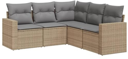 vidaXL 5-TLG. Garten-Sofagarnitur mit Kissen Beige Poly Rattan