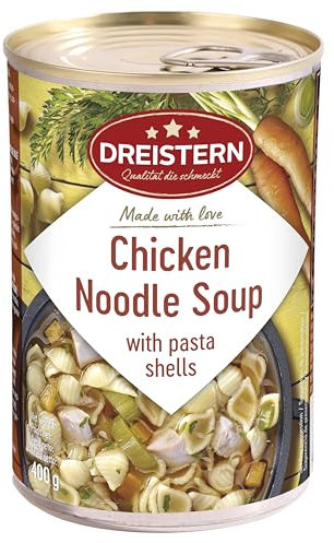 DREISTERN Soupe de Pâtes au Poulet 400g - Avec Viande de Poulet & Légumes - Soupe Savoureuse dans une Conserve Recyclable - Longue Durée de Conservation avec Conservation Naturelle