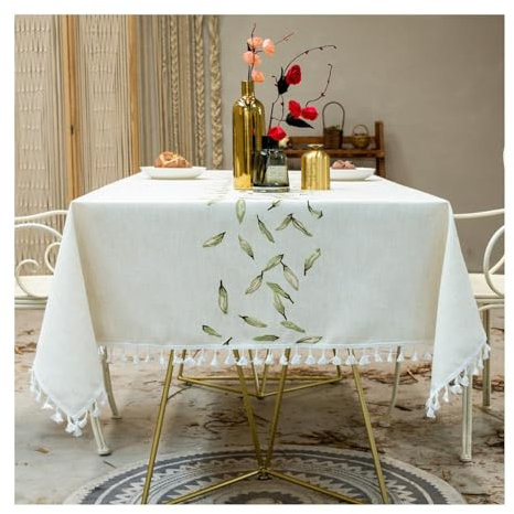 Lieson Rechteckige Tischdecken 140x200 cm, Baumwolle Leinen Tischtuch Abwaschbar Stickerei Blätter Muster mit Quasten Tischdecke für Outdoor Party Küche, Grün