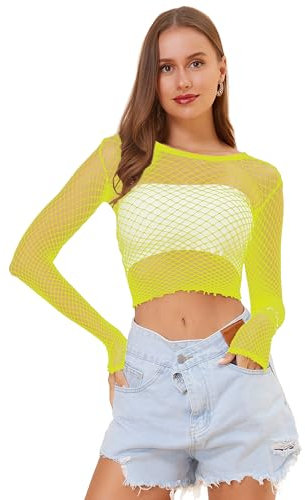 LemonGirl Women Fishnet Long Sleeve Crop Top Lingerie Babydoll Chemise Mesh Tops US2-16 Yellow