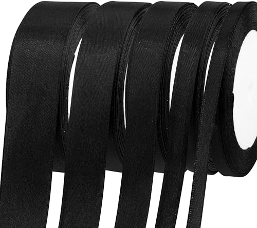 Fyshird Satinband Schwarz 25/20/15/10/6mm Geschenkband Breit Schleifenband Hochzeit Polyester Bänder zum Basteln Dekoband für Luftballons Geburtstag DIY Geschenkverpackung Weihnachten (22m/Rolle)