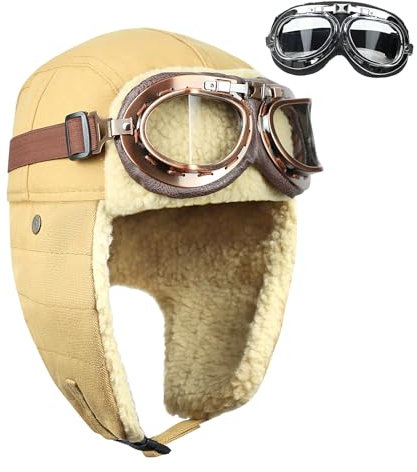 BAIFUMEN Vintage-Fliegerhut und Brille mit Maske, Kunstpelz-Ohrenschützer, Kostümzubehör, Trooper-Trapper-Pilotenmütze für Damen und Herren, Piloten Kostüm Damen, Kinder Pilotenmütze(Gelb)