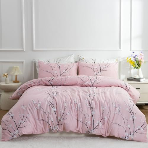 Tospass Housse de Couette 220x240cm Rose Floral Fleurs Feuilles Parure de Lit 2 Personne Adultes avec Fermeture Éclair Housse Couette en Microfibre avec 2 Taie d'oreiller 65x65cm