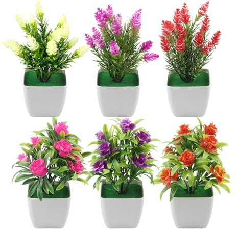 Elepl 6 Pcs Mini Flores Artificiales en Maceta Rosas Artificiales Mini Flores Falsas en Maceta Plástico Flores Artificiales Decoración Plantas para Cafés Decoración Boda Oficina