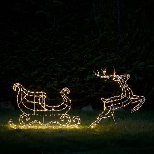 Lights4fun 120cm Dual LED Rentier mit Schlitten Silhouette mit Timer Strombetrieben Weihnachtsdeko Außen Rentier Outdoor