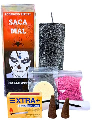 Ritual de Halloween para Sacar el Mal | Kit para Limpieza Energética y Alejar el Mal con Velón Negro, Jabón, Sal Gruesa, Conos de Incienso, Cerillas, Lazo, Pergamino e Instrucciones con Oración.