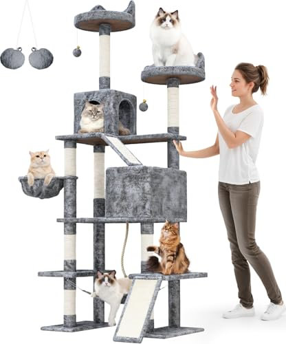 Devoko kratzbaum groß, 209 cm katzenbaum XXL Katzenkratzbaum, mit 8 sisalseil für kratzbaum,2 kratzpappe,2 Plattformen,1 Katzen hängematte,Höhlen,Hängematte, Plüschbälle (Grau, 79 x 48.5 x 209cm)