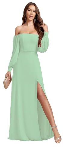 shengyan Off Shoulder Long Sleeve Chiffon Bridesmaid Dress High Split A-line Ruffles Evening Dresses Backless Prom Dress Sage Green