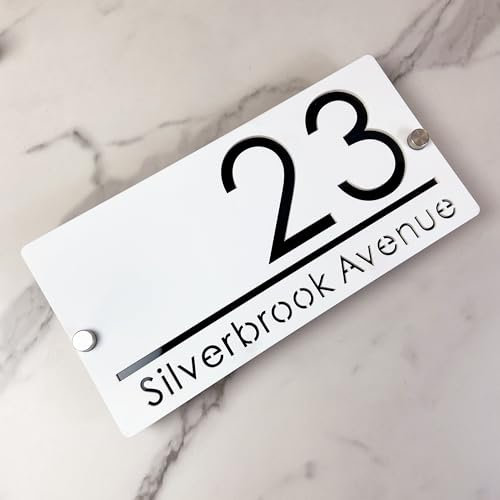 Placa de número de casa al aire libre, Diseño suspendido placa de número de casa personalizada, letrero de nombre de calle 3D cortado con láser acrílico moderno (blanco&negro)