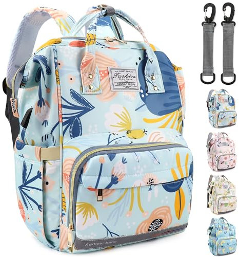 LEcylankEr Wickeltasche Rucksack Baby Wickelrucksack Groß Windelrucksack Multifunktional Diaper Bag mit Mehreren Fächern Baby Wickeltaschen für Reisen Geschenk für neue Eltern (Blau-Floral)