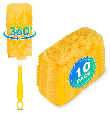 DOCXCDO 10 Count Fluffy Duster Refills for Swiffer and Flash Duster, 360°Dust Magnet Starter Kit, 1 Handle + 10 Dust Magnet Refills, Effective for Cleaning Home, Blinds, Furniture, Electronics