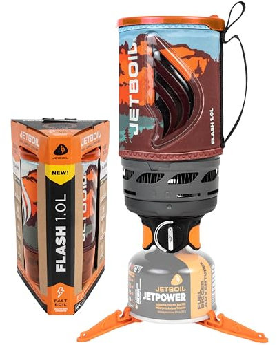 Jetboil Flash Réchaud portable à ébullition rapide de 1 l pour camping et randonnée avec allumage automatique en 1 étape, brûleur au propane/isobutane avec tasse de cuisson, paysage de montagne