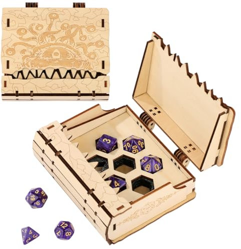 1 Dice Storage Box with 7pcs Polyhedral Dice, Wooden Octopus Teeth Monster Design, D&D Storage Case Container, Role Playing Games Dice Set, Tabletop Gaming Accessories, Creative Gifts for DND Player