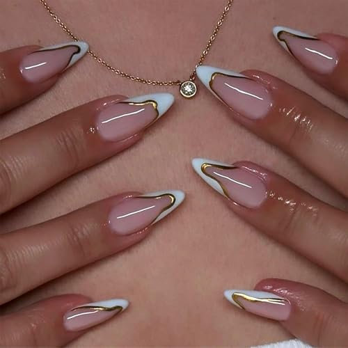 ASOMI Lot de 24 faux ongles à presser en acrylique - Couleur : blanc - Couleur : doré - Marron moyen - Avec colle à gelée