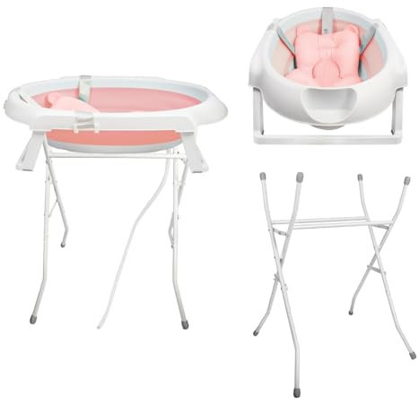 2 en 1 Baignoire Pliable avec Trou de Drainage Portable et Support 85 cm, Baignoire de Bain avec Coussin de Bain pour Enfant, Baignoires sur Pieds en Plastique PP+TPE (Bleu 80 * 47 * 22 cm + 85 cm)