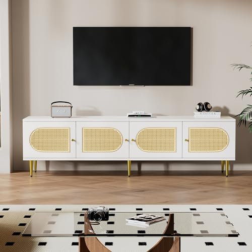 LERFAN Meuble TV en rotin blanc, 180 x 40 x 50 cm, à 4 portes en rotin, étagères réglables et gestion des câbles pour téléviseur jusqu'à 80, meuble TV, meuble bas