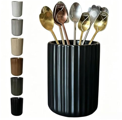 TOPYOKK Stoneware Coffee Bar Utensil Holder Tea & Coffee Spoon & Stirrer Holder for Stir Stick Straw Teaspoon Holder Espresso Spoon Cup Small Utensil Jar Fluted Vertical Stripe (Matte Black)