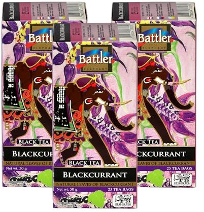 Battler Té negro de Ceilán con grosella negra, paquete múltiple de 3 x 25 (2 g cada uno), bolsitas de té de doble cámara con cuerda y etiqueta, té con sabor premium