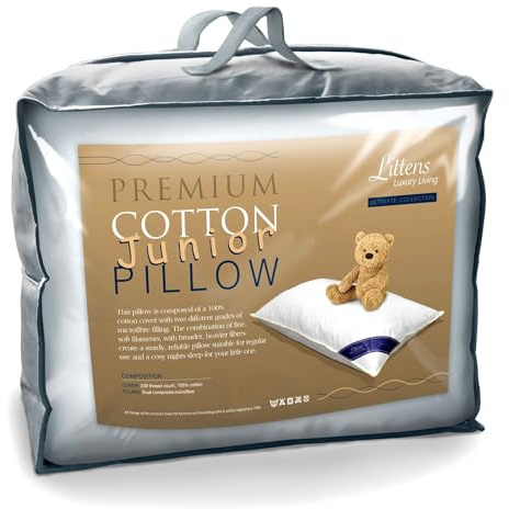Littens Junior Cot Bed Size Pillow, Ultimate Premium Cotton, 230TC, Dual Blend Microfibre Filled, Gold Piped Edge, Kids, Toddler 16 x 24 (40cm x 60cm)